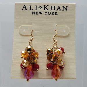 ALI KHAN garnet, sapphire ,topaz cluster beaded gold fish hook earring